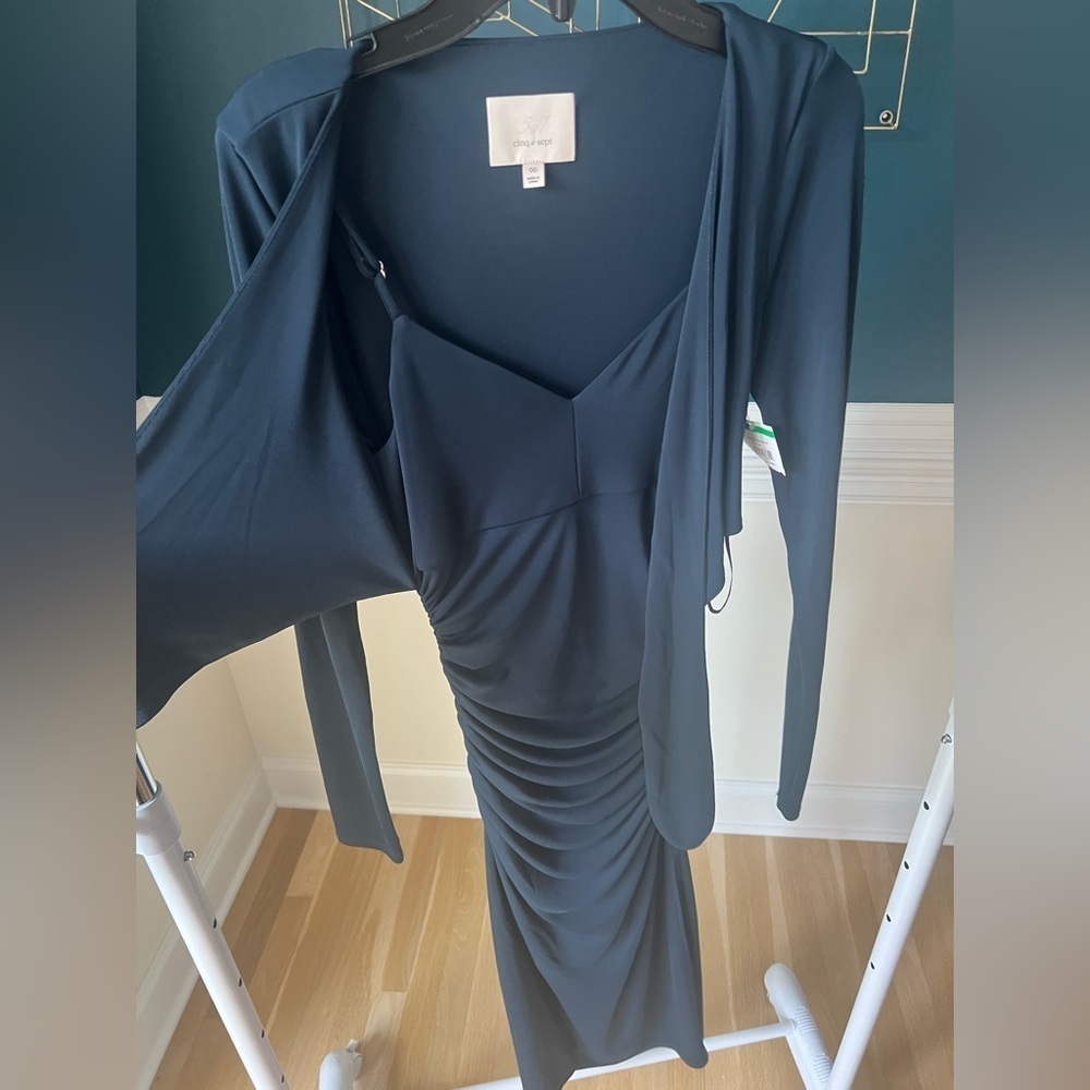 Cinq à Sept Brenna Jersey Tie Front Midi Dress Women's 00 Peacock Blue Side Slit - Picture 2 of 4